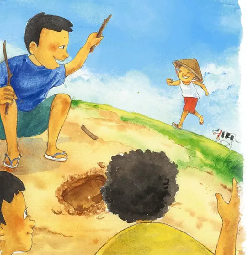 Children playing with sticks near a hole in the ground while a child in a straw hat runs toward them with a cow in the background.