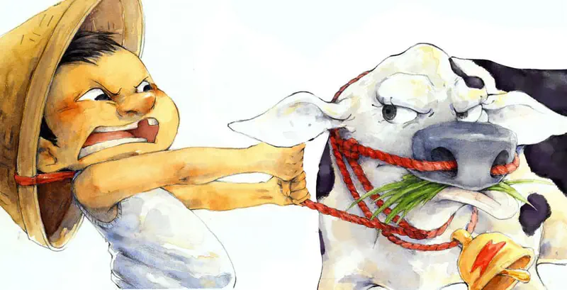 Close-up of a frustrated child in a straw hat pulling hard on a rope to move a stubborn cow eating grass.