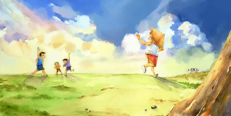 A child in a straw hat waves goodbye to three friends on a grassy hill under a beautiful cloudy sky with a cow in the distance.