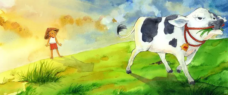 A child in a straw hat watches as a black and white cow trots away across green hills under a golden sunset sky.