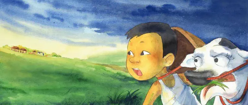 Close-up of a determined child with a straw hat on their back leading a cow toward a distant village under darkening skies.