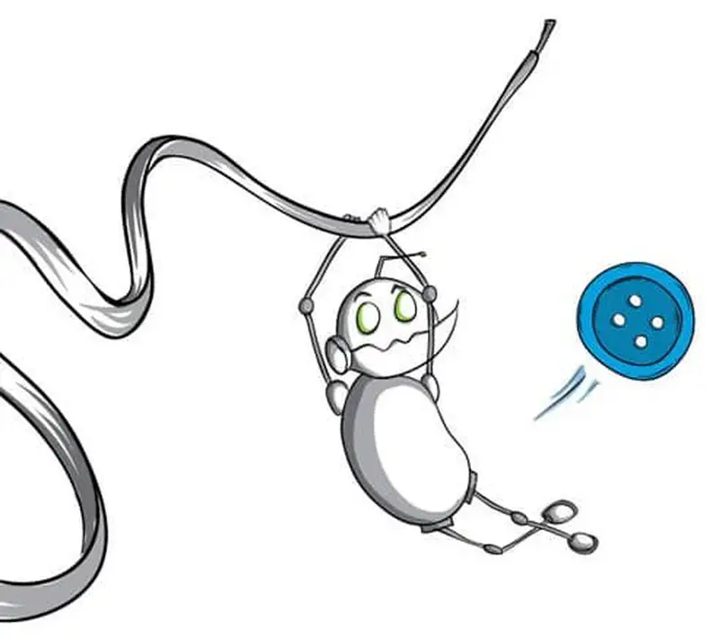 A small robot swings on a curling ribbon while kicking a blue button through the air.