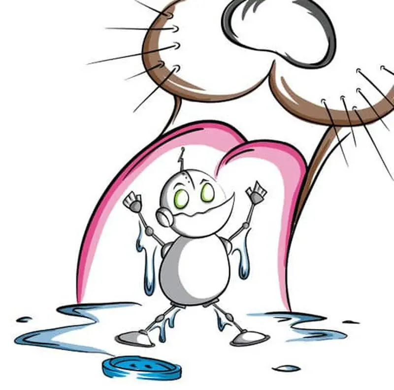 A happy wet robot raises its arms in celebration beneath a giant eye with tears falling, standing near a blue button in a puddle.
