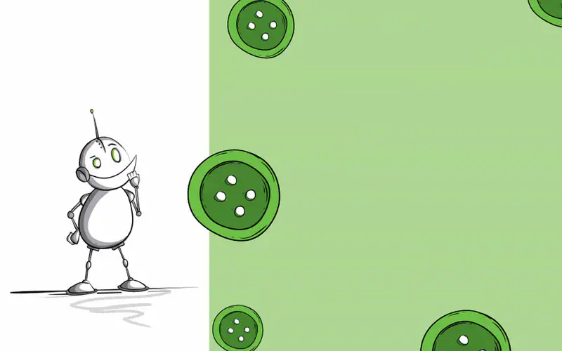 A small robot with green eyes and an antenna stands thinking next to a green background decorated with large green buttons.