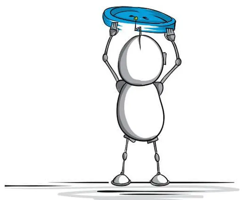 A determined robot holds a large blue button high above its head with both arms stretched upward.