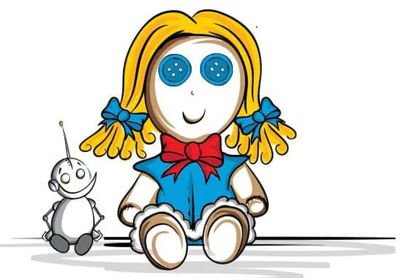 A happy robot sits next to a rag doll with yellow pigtails, now complete with both blue button eyes restored.