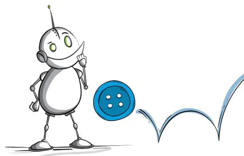 A curious robot with green eyes watches a blue button bouncing away across the ground.