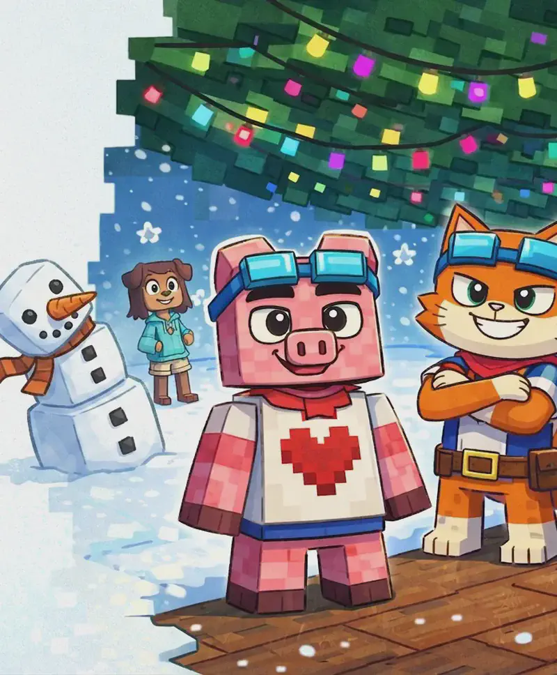 On the right side of the image, Fig Pig stands in the center foreground on a snowy wooden deck, smiling proudly and facing the viewer, while Brat Cat stands just behind and to the right, nodding approvingly with a smile. Above them, a large Christmas tree canopy stretches overhead, covered in colorful string lights (multicolored — pink, blue, purple, green). A red poinsettia decoration hangs on the right edge. In the background to the far left, Tip is visible near her lopsided snowman whose top ball is sliding sideways like a little gnome. Snowflakes drift through the cold outdoor air. The left ~40% is left as a plain light-blue snowy background with a white text overlay area.