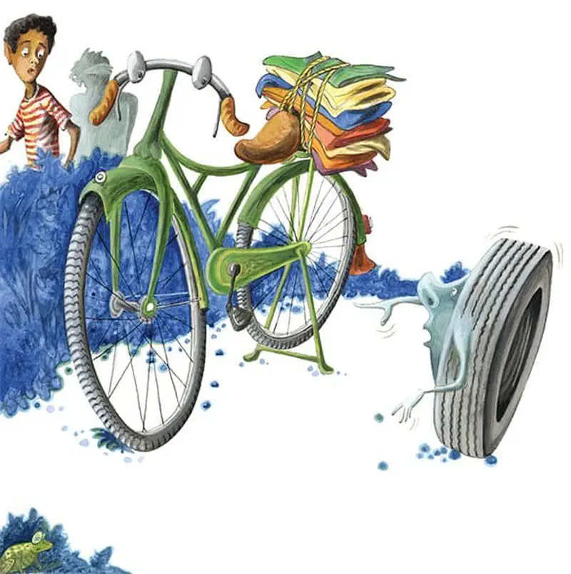 A worried boy watches as a cartoon tire with arms and legs rolls away from a green bicycle loaded with colorful laundry.