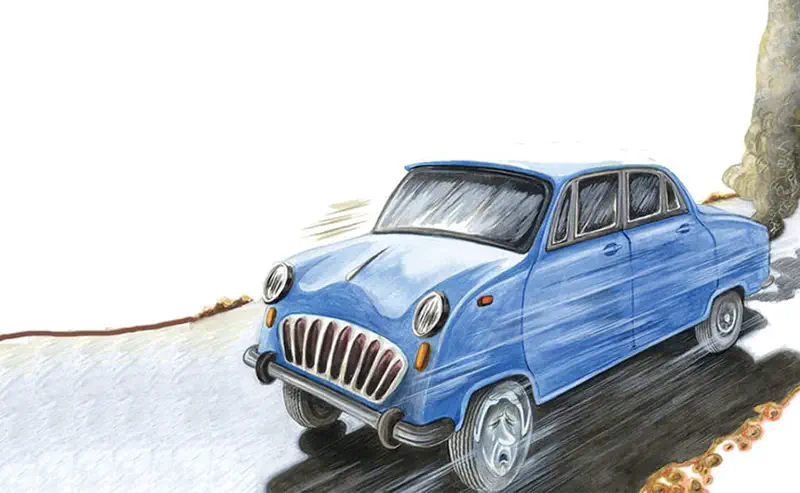 A vintage blue car drives along a road beside a tree trunk, showing detailed illustration of its classic design.