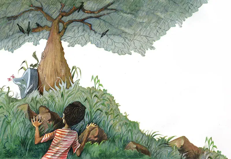 Children hide in tall grass watching an angry cartoon tire that has crashed into a large tree trunk.