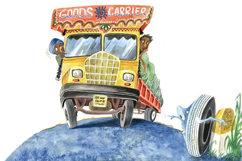 A colorful yellow goods carrier truck drives along while a cartoon tire with legs hides behind a milestone on the roadside.