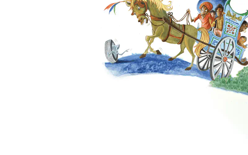 A cartoon tire with a face waves at a colorful decorated horse cart carrying passengers on a blue road.