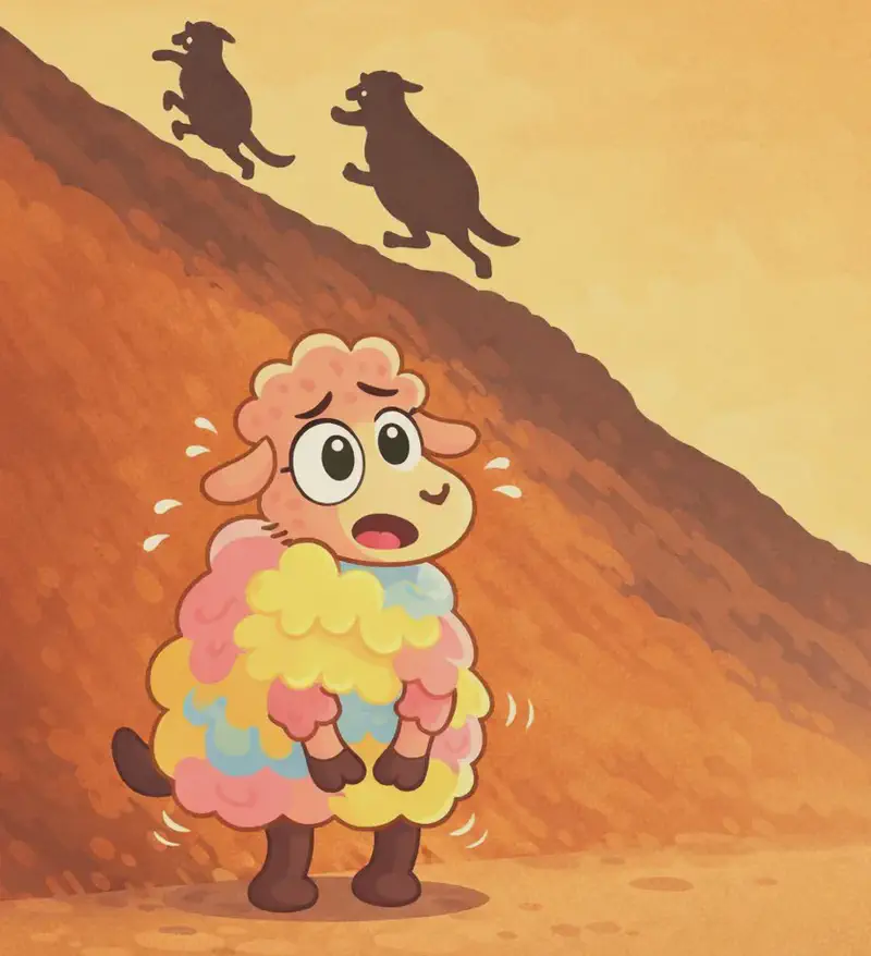 On the left side of the image, Rose stands at the bottom of a steep hill, looking wide-eyed and exhausted, with her knees trembling and knocking together. She appears to be just finishing a run. In the background, two dark silhouetted sheep run up the hillside ahead of her. The outdoor scene features a warm golden-yellow sky and reddish-brown terrain, conveying the intense heat described in the text.