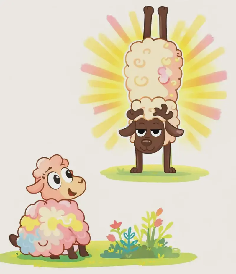 On the right side of the image, Yoga Sheep is performing a yoga pose — standing on her front legs in an inverted position (a headstand/foreleg stand) with her back legs pointing straight up, surrounded by radiant yellow and pink rays suggesting a sense of zen energy. She has a calm, serene expression. In the lower center-right, Rose sits on the ground with a large, round woolly body, looking up toward Yoga Sheep with a curious expression. A cluster of colorful wildflowers and plants sits between them. The scene is set outdoors on a grassy area against a plain white background.