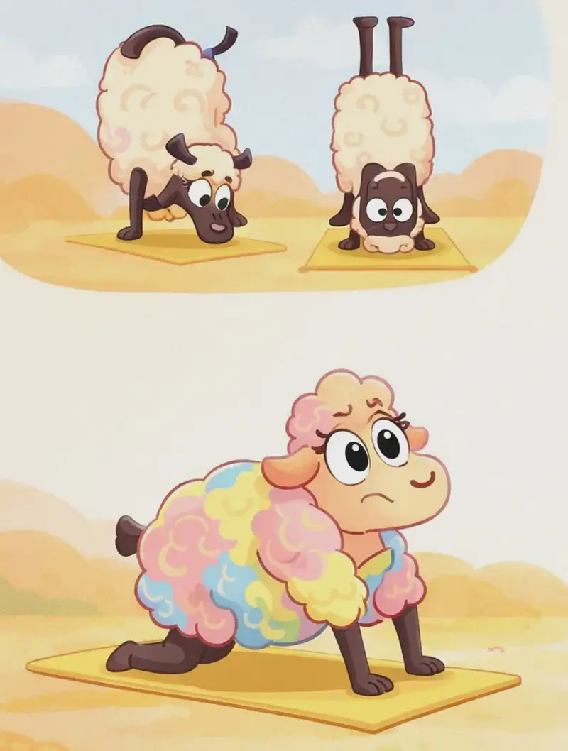 On the left side of the image, Rose kneels on a yellow yoga mat, attempting a yoga stretch with a determined expression, her large woolly body looking stiff and awkward in the pose. In the upper-left corner, two smaller vignettes show Yoga Sheep performing different yoga stretches on a yellow mat — one in a forward fold and one in a headstand with legs in the air. Yoga Sheep appears encouraging and confident. The scene is set outdoors on warm golden-yellow ground with soft watercolor hills in the background.