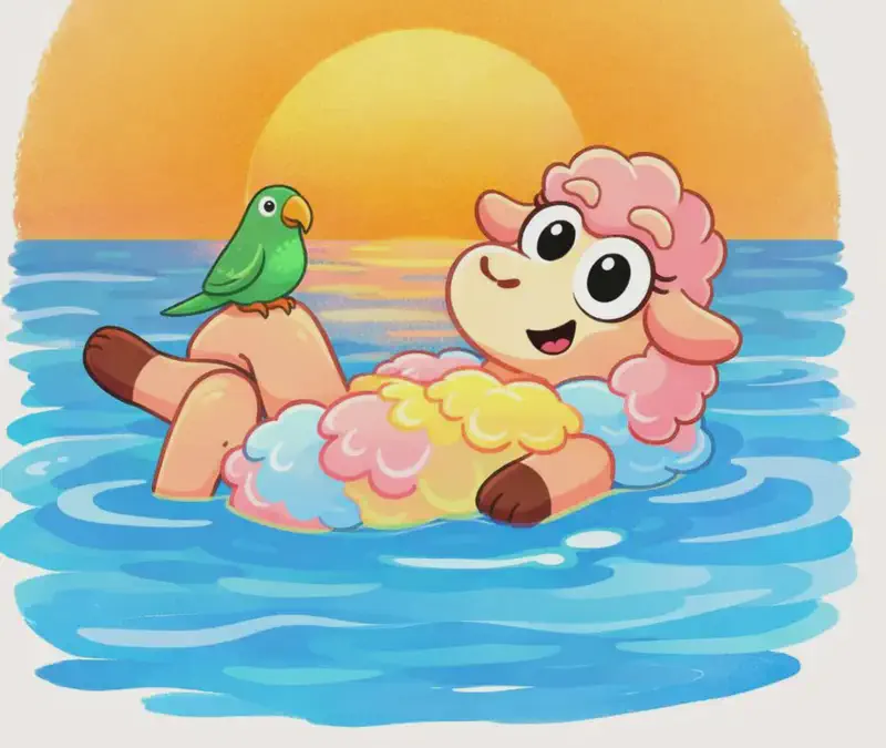 On the right side of the image, Rose the sheep is swimming on her back in blue water, with a happy, open-mouthed smile, her legs and pastel pink, yellow, and blue woolly body partially above the surface, her pink-curled head raised above the water. A small green parrot with a yellow beak sits perched on Rose's raised knee, looking ahead with a calm expression. The scene is set outdoors at sunset, with a large warm golden-orange sun glowing in the background behind them, evoking the late-summer heat mentioned in the text. The left side of the image is plain white background.