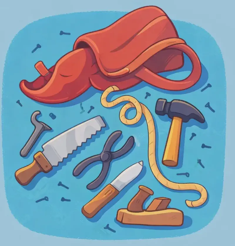 On the right side of the image, a collection of tools is displayed against a teal-blue background — a handsaw, a pair of scissors, a coiled rope, a hammer, a knife, and a wood plane are scattered together. A large red leather tool bag or pouch sits atop the pile, its strap dangling down. Small nails are sprinkled across the blue background around the tools.