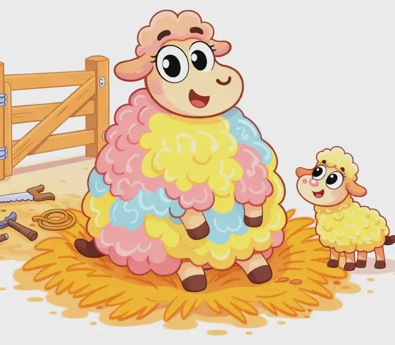 On the left side of the image, Rose is shown as a very large, round sheep with fluffy pastel pink, yellow, and blue wool, sitting proudly in a pile of orange hay/straw, looking cheerful and content. Behind her in the upper left, a widened wooden gate with fresh timber and neat new hinges shows that she has carefully rebuilt the gate to be bigger, with a saw, hammer, and coiled rope visible on the ground nearby as evidence of her handiwork. A smaller sheep with yellow wool stands to Rose's right, looking up at her admiringly. The right ~40% of the image is plain white background.