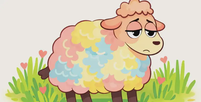 In the lower half of the image, Rose stands among tall green grass, facing right with a tired, weary expression — eyes partly closed and head slightly drooped. Her large, round woolly body fills much of the lower portion, emphasizing how big she still is. The top half of the image is plain white background. Small pink hearts peek out from the grass around her.