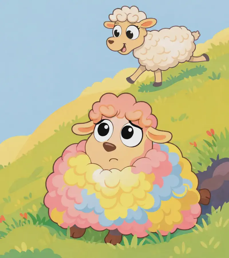 On the right side of the image, Rose is sitting on a grassy hillside, looking up with a worried, uncertain expression — her large woolly body takes up much of the lower-right area, and only her face peeks above her thick fleece. In the upper-right area, a thinner sheep stands on a slope, looking down at Rose with an encouraging expression, mid-stride as if demonstrating running. The scene is set outdoors on rolling golden-green hills under a pale blue sky.