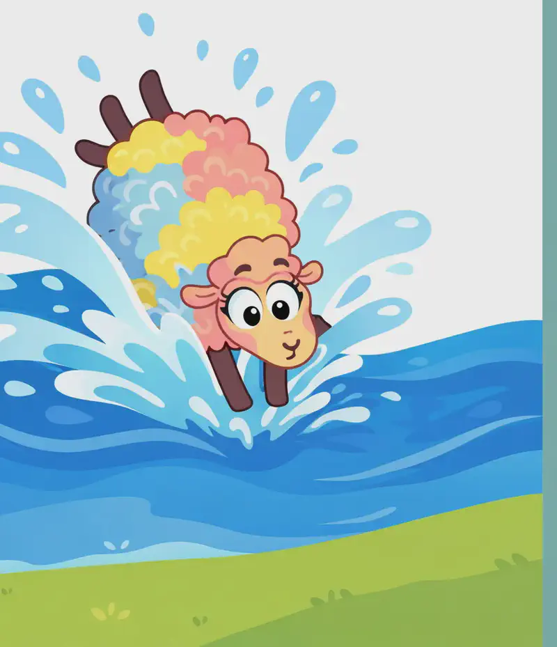 On the left side of the image, Rose is diving headfirst into a large wave of blue water, with a big splash erupting around her. She has a determined expression with wide eyes as she plunges into the water. The scene is outdoors with green grassy ground visible at the bottom and a bright white sky above, with the right side of the image fading to a plain muted teal background.