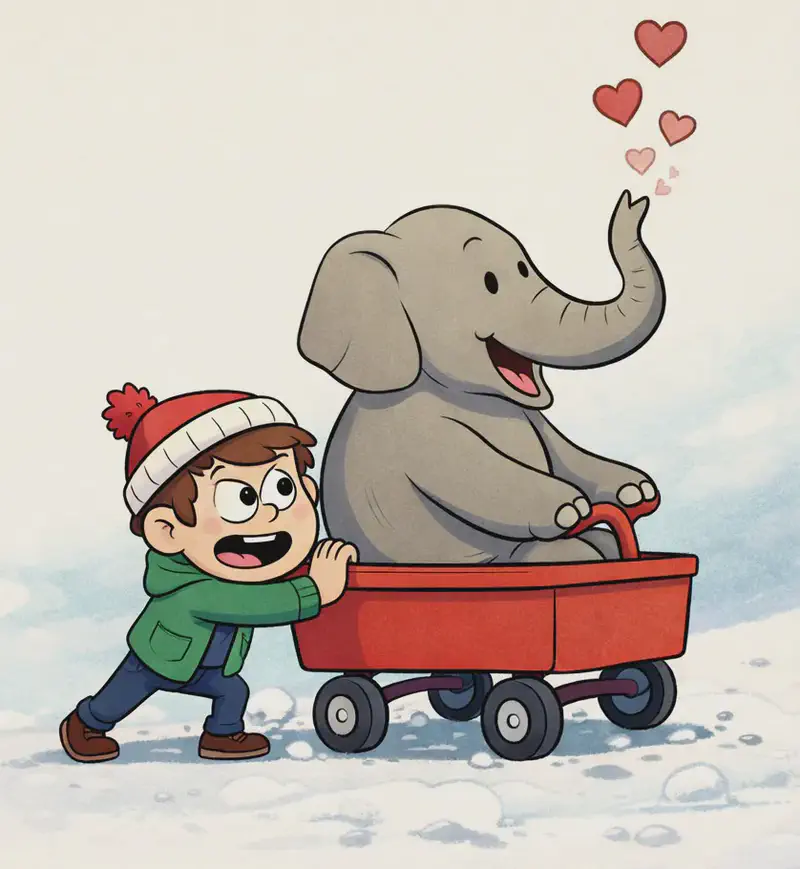On the right side of the image, a child wearing a red-and-white knitted beanie with a pom-pom, a green hooded jacket, blue jeans, and brown shoes is leaning forward with both hands pressed against the back of a small red wagon/cart, pushing with great effort and a determined, open-mouthed expression. Sitting in the cart is a large grey elephant, gripping the wagon's red handle and cheerfully raising its trunk to blow red and pink heart shapes into the air in the upper-right area. The scene is set outdoors on a snowy path with small snowball-like lumps, with a soft, plain cream background filling the left side of the image.