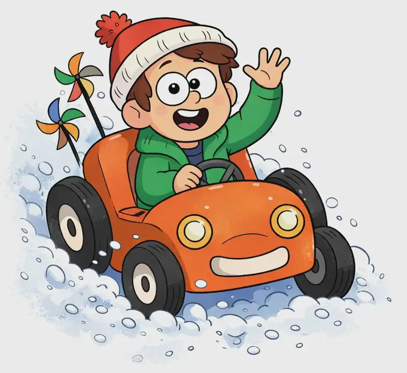 On the left side of the image, Child sits behind the wheel of a whimsical orange car with a cartoonish face on its front, driving through a flurry of snow. Child has one hand raised, waving with fingers spread, and appears cheerful and excited. The car is decorated with colourful pinwheel ornaments on top, and all four wheels are clearly visible. The right side of the image is plain white background.