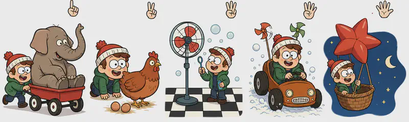 On the left side of the image, a row of five small illustrated panels sits along the bottom, each recapping a counting scene from the journey so far. From left to right: (one) Child pushes a large elephant sitting in a red wagon/cart, (two) Child crouches behind a red hen with two eggs on the ground, (three) Child blows bubbles beside a tall three-bladed pedestal fan on a checkered floor, (four) Child drives a whimsical orange car with pinwheel ornaments through snow, and (five) Child flies in a woven basket carried by a red star-shaped balloon through a night sky. Above each panel, a small illustrated hand shows the corresponding number of fingers. Child appears cheerful and engaged in each vignette. The top and right portions of the image are open, plain white background.