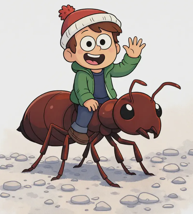On the right side of the image, Child is riding on the back of a giant dark-red ant, sitting astride its large abdomen with legs dangling to one side. Child has a wide-open mouth in an expression of amazement or excitement, with one hand raised up in a waving gesture. The enormous ant is marching across rocky, pebbly ground, its six legs clearly visible and splayed out as it carries Child. The background is a soft, light watercolour wash, leaving the left side plain and open for text.