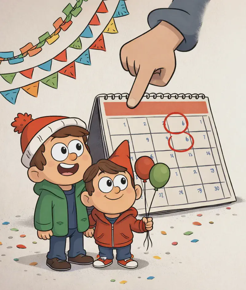 On the left side of the image, Child and Friend stand together in front of a large desk calendar, both looking up at it excitedly. Friend holds two balloons — one red, one green — by their strings in his right hand, and wears his tall red/orange pointed party hat and red zip-up hoodie. Child stands beside Friend, smiling broadly. A date on the calendar is circled in red, with a second date eight days later also marked. Scattered crumbs or confetti litter the ground around them. Colourful bunting and paper chain decorations drape across the upper-left corner of the scene. A large illustrated hand reaches down from above, pointing at the calendar as a counting motif. The right ~40% of the image is plain light background. The setting is indoors with a festive, celebratory atmosphere.