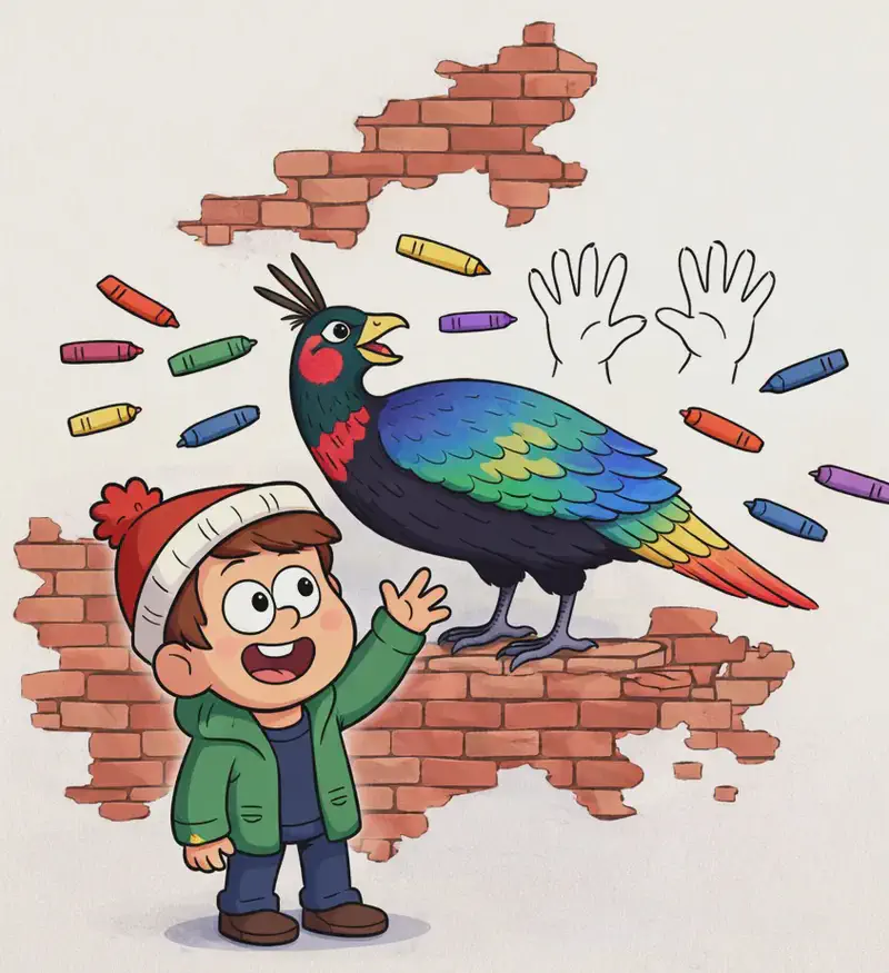 On the left side of the image, Child stands at the bottom left wearing a red knitted hat with a white brim and pom-pom, a green jacket over a navy top, looking up with an excited, delighted expression and one arm raised toward a large, colourful pheasant. The pheasant is perched on a fragment of crumbling brick wall, facing right with its beak open, a head crest of dark feathers, and plumage displaying at least nine vivid colours including red, green, blue, yellow, and orange in its long tail. Above and around the pheasant are two outlined hand tracings and small coloured crayons floating in various colours — at least nine distinct colours visible — suggesting a drawing activity. The scene is set against a pale, plain background with fragments of red brick wall on the left side, leaving the right half of the image empty.