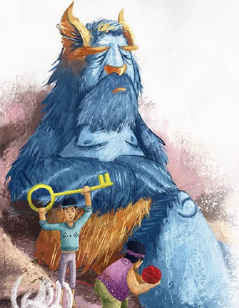 A boy holds up a golden key triumphantly in front of a sleeping giant blue furry monster with horns while villagers watch.