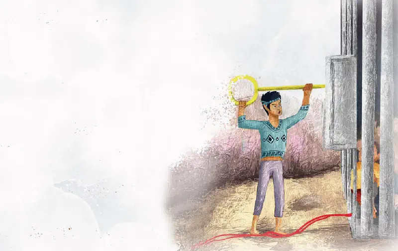 A boy in a blue sweater holds up a glowing golden key outside tall gates while red yarn lies on the ground.