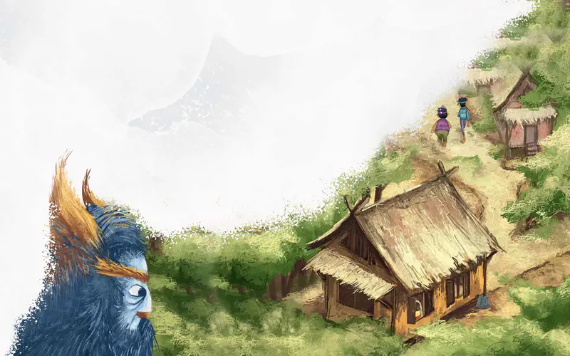 A blue furry monster peeks from behind trees watching two children walk toward thatched-roof village houses on a hillside.