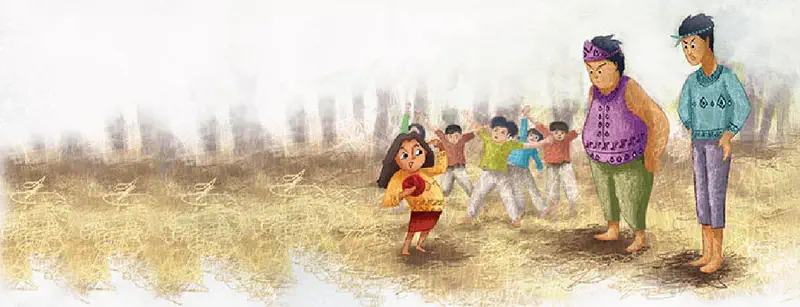 A small girl holding red yarn walks toward two older children while other kids celebrate in the background of a village.