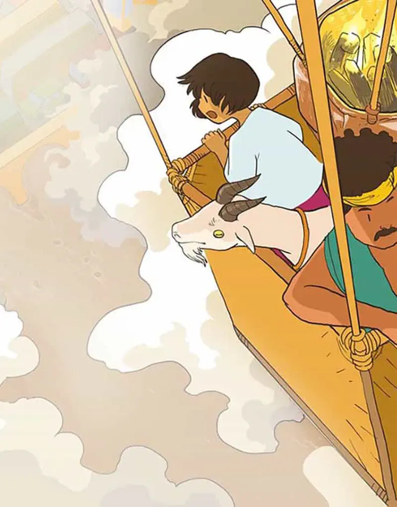 A girl plays a flute while riding in a hot air balloon basket with a goat and man, floating high above the clouds.