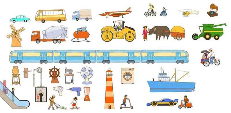 A colorful collection of vehicles, machines, and people including trains, cars, planes, ships, bicycles, windmill, and various activities.