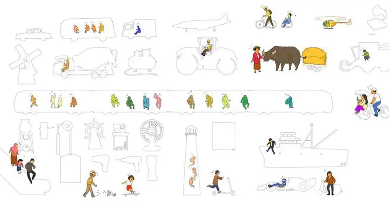 Outline drawings of vehicles and machines with colorful people figures, showing passengers and workers interacting with transportation.