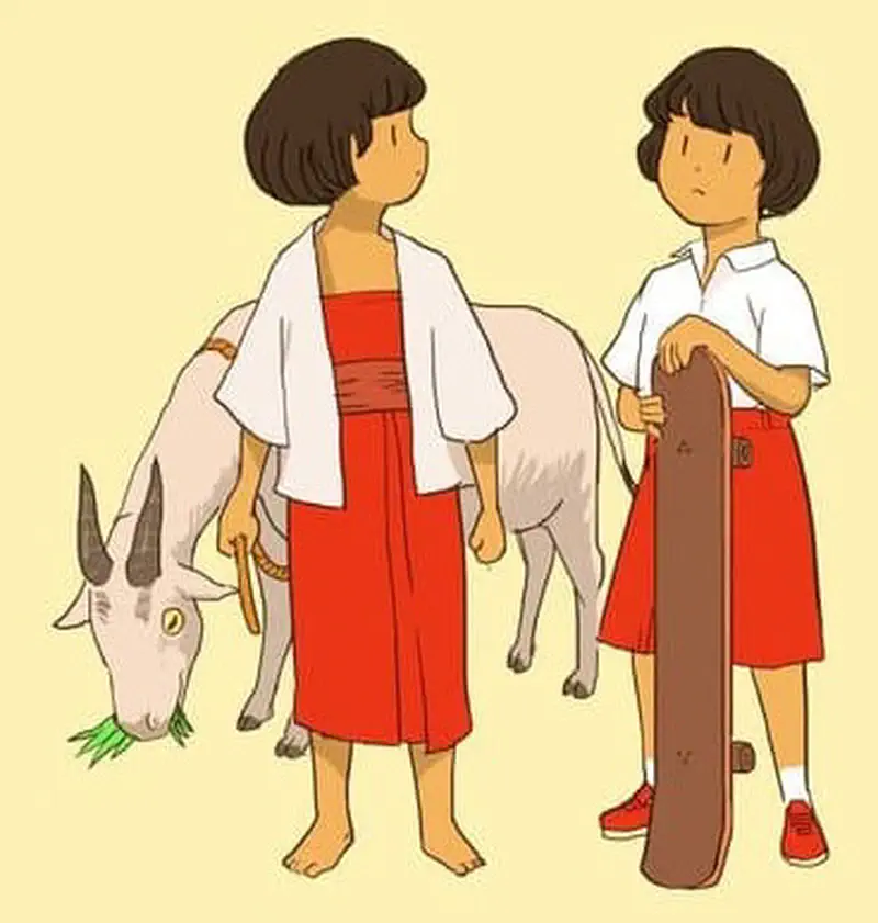 Two views of the same girl in red skirt - one in traditional clothes with a goat, another in modern clothes with a skateboard.