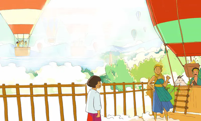 A girl watches colorful hot air balloons floating in the sky while a woman with a goat stands near a balloon basket.