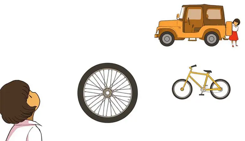 A girl looks at an orange jeep, a bicycle wheel, and a yellow bicycle, learning about wheels and transportation.