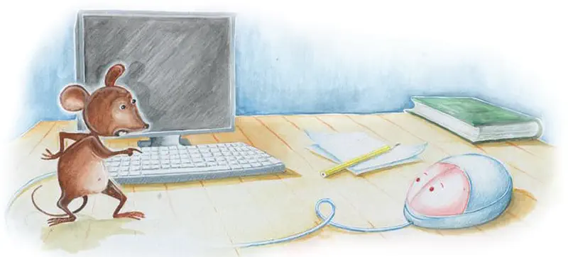 A brown mouse stands at a computer desk reaching toward the monitor, with a computer mouse, papers, pencil, and book nearby.