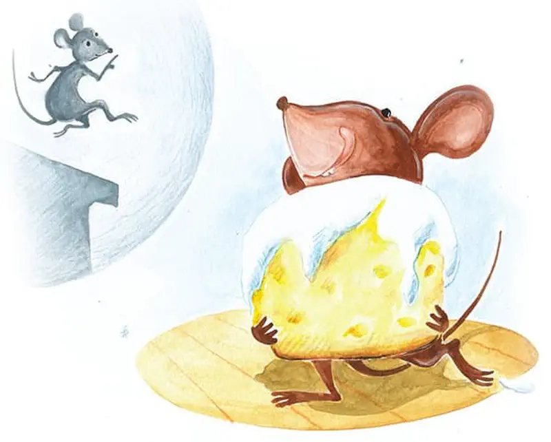 A brown mouse hugs a large piece of Swiss cheese while a gray mouse runs away in the background.
