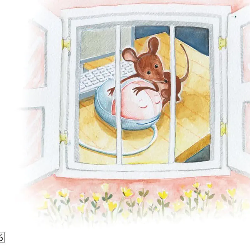 View through an open window showing a brown mouse cuddling with a computer mouse on a desk, with flowers blooming outside.