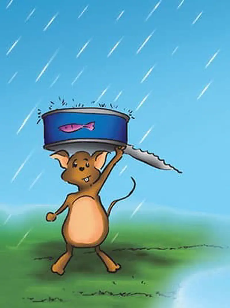 A brown mouse walks in the rain holding a tin can with a fish picture above its head as a makeshift umbrella.