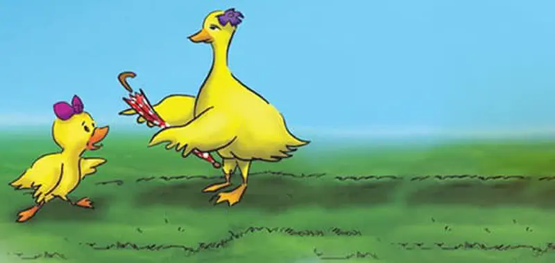 A small yellow duckling with a purple bow follows a larger duck carrying a closed red polka-dot umbrella across a grassy field.