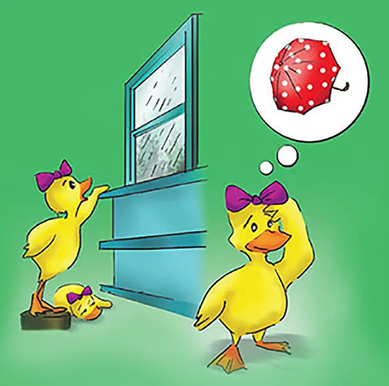 Three yellow ducklings with purple bows look at rain through a window, with one duckling thinking about a red polka-dot umbrella.