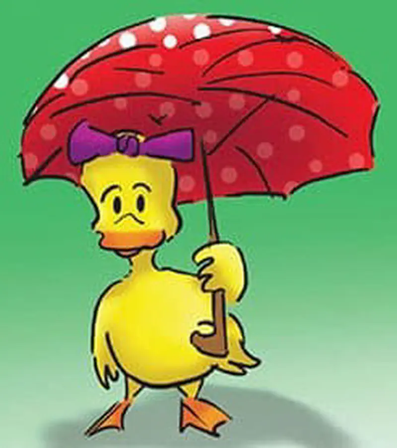 A cheerful yellow duckling with a purple bow walks while holding a red polka-dot umbrella.