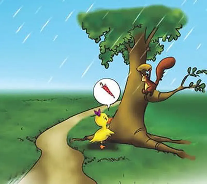 A yellow duckling with a purple bow asks a squirrel sheltering under a tree about an umbrella while it rains on a winding path.